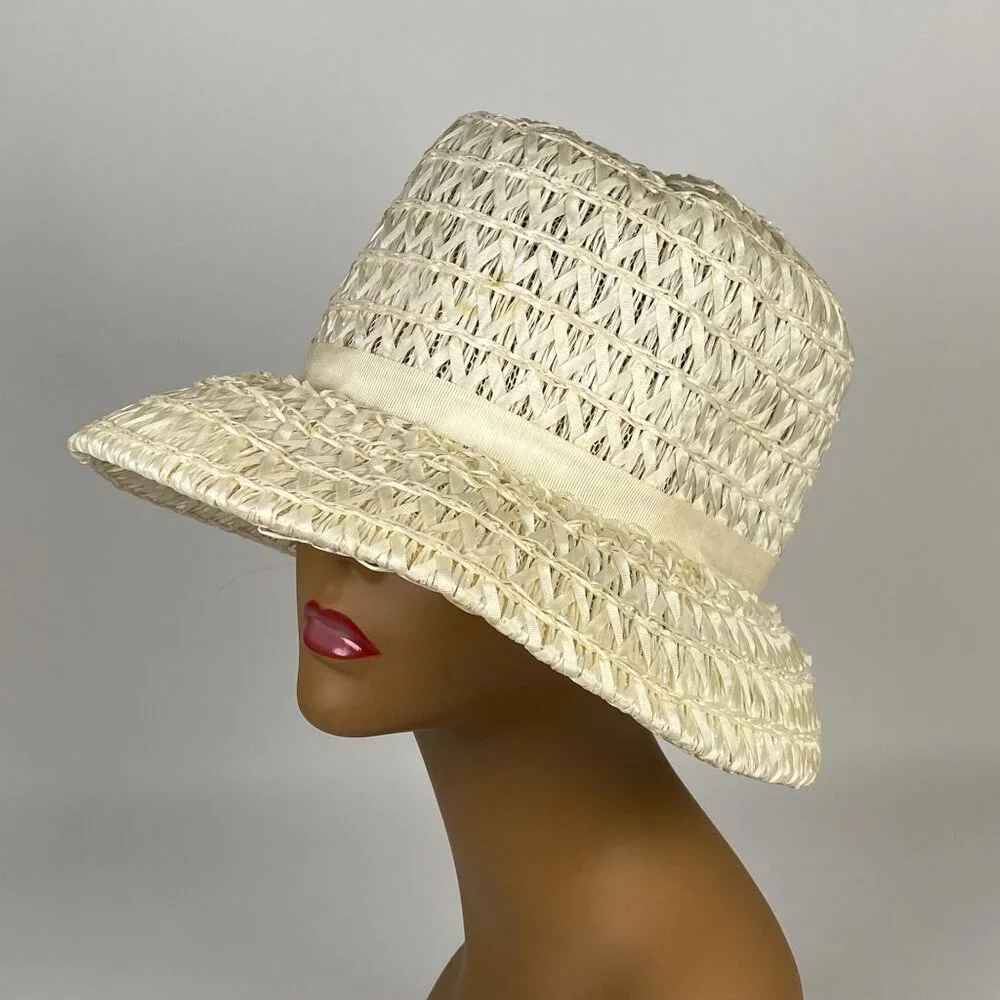 Vintage Wide Brim Straw Hat Ivory with Ribbon Bow Accent Union Made in USA